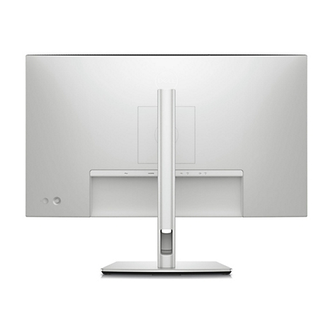 Rückansicht eines silbernen Dell-Monitors mit Standfuß. Unten Anschlüsse, mittig der Standfuß.