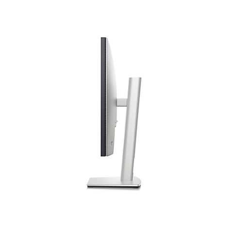 Vue latérale d'un moniteur argenté et élégant avec un cadre et un pied noirs.