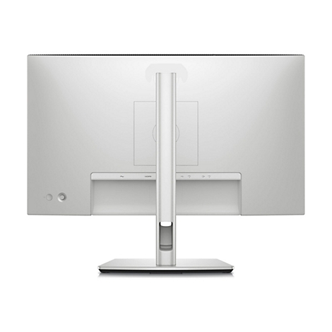 Rückseite eines weißen Monitors auf weißem Hintergrund. Anschlüsse für HDMI und USB. Der Standfuß hat eine rechteckige Form.