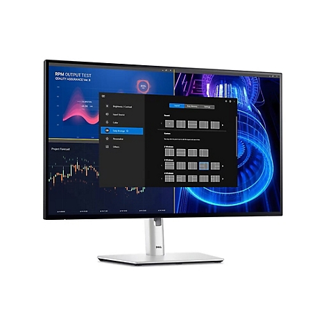 Ein Dell-Monitor zeigt ein Menü mit Optionen wie Helligkeit, Kontrast und Layout-Einstellungen. Der Monitor hat einen silbernen Standfuß.