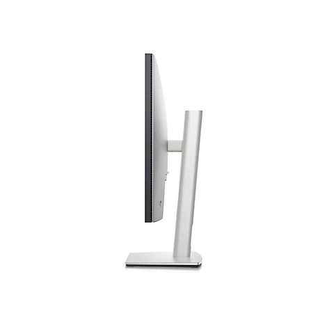 Seitenansicht eines schlanken, silbernen Monitors mit schwarzem Bildschirmrahmen und silberfarbenem Standfuß auf weißem Hintergrund.