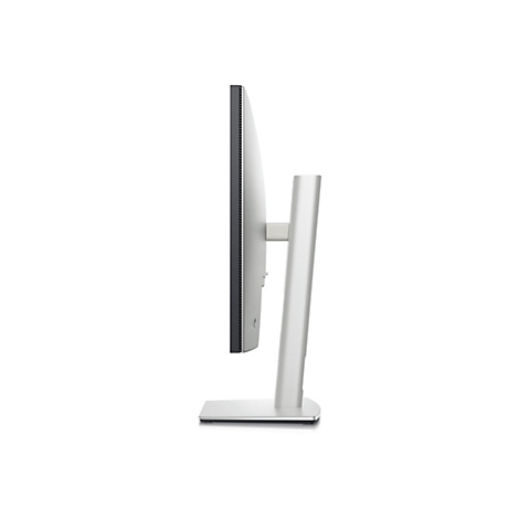 Vue latérale d'un moniteur argenté et élégant sur fond blanc. La bordure de l'écran est noire.