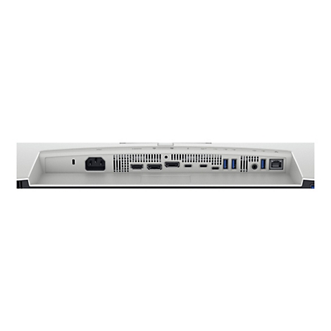 Rückseite eines weißen Monitors mit verschiedenen Anschlüssen: Stromanschluss, HDMI, USB, Audio-Anschluss und Ethernet-Anschluss.