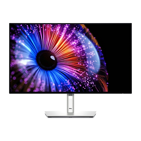 Ein Dell Monitor mit einem bunten, abstrakten Design auf dem Bildschirm. Der Standfuß und die Einfassung sind silbern.