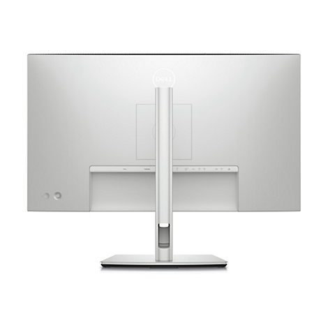 Rückseite eines silbernen Dell-Monitors mit dem Logo. Unten Anschlüsse, mittig ein Standfuß.