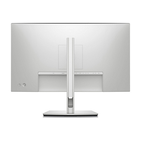Rückansicht eines silbernen Dell-Monitors mit Standfuß. Anschlüsse und das Dell-Logo sind sichtbar.