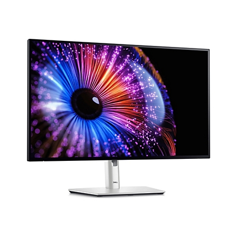Ein Dell-Monitor vor weißem Hintergrund. Der Bildschirm zeigt ein abstraktes, farbenfrohes Design, das an ein Auge erinnert.