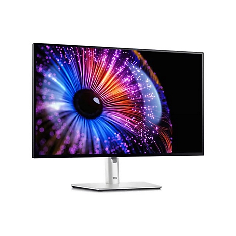 Ein Dell Monitor mit einem bunten Bildschirmhintergrund. Der Monitor steht auf einem silbernen Ständer. Der Hintergrund zeigt ein buntes Muster.