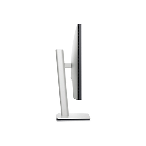 Seitenansicht eines schlanken, silbernen Monitors mit einem schwarzen Rahmen. Der Standfuß ist ebenfalls silberfarben.