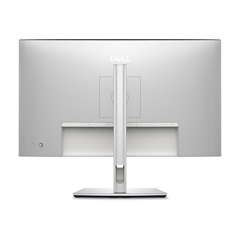 Rückseite eines silberfarbenen Dell-Monitors mit Standfuß. Sichtbar sind das Dell-Logo, Anschlüsse und Knöpfe.