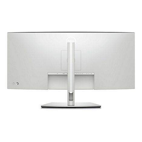 Vue arrière d'un moniteur Dell argenté. Il y a des ports en bas, un support au milieu et le logo Dell en haut.