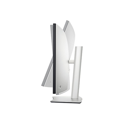 Vue latérale d'un moniteur argenté moderne avec un cadre étroit et un support pivotant. Fond blanc.