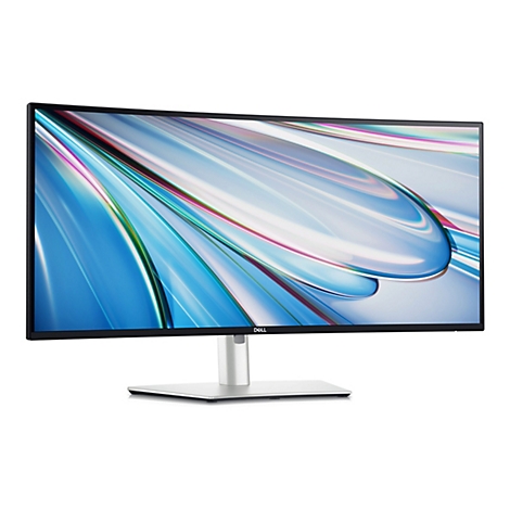 Ein Dell-Curved-Monitor mit schlankem Design. Der Bildschirm zeigt ein abstraktes blau-weißes Muster. Der Monitor steht auf einem silbernen Ständer.