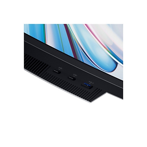 Nahaufnahme eines schwarzen Monitorunterteils mit Anschlüssen, USB-C und USB 3.0. Der Bildschirm zeigt ein abstraktes, farbenfrohes Design.