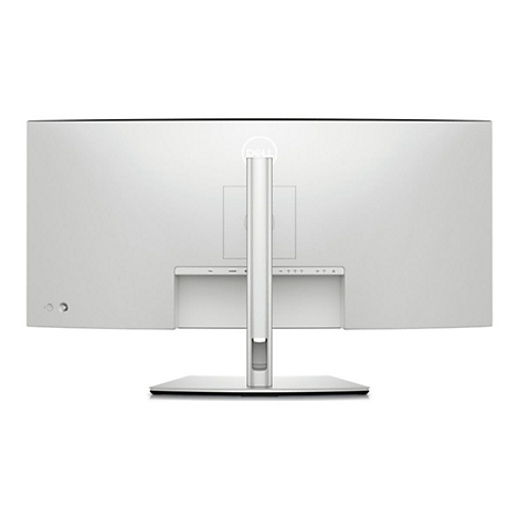 Rückseite eines weißen, gebogenen Dell-Monitors mit Standfuß. Anschlüsse und Knöpfe sind sichtbar.