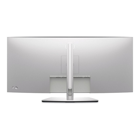 Vue arrière d'un moniteur argenté avec support. Les ports sont visibles en bas de l'écran.