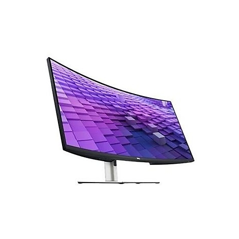 Un moniteur incurvé avec un cadre noir et un support argenté. L'écran affiche un motif géométrique violet.