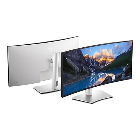 Deux écrans incurvés Dell ; un de derrière, un de devant, image de l'écran avec paysage de montagne.