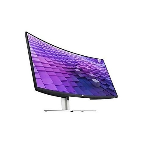 Gebogener Monitor mit lilafarbener Anzeige, schwarzem Rahmen und silberfarbenem Standfuß. Das Dell-Logo ist sichtbar.