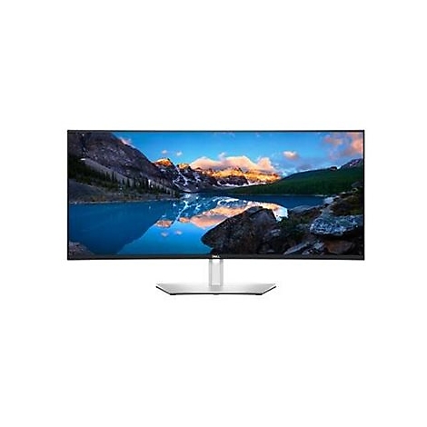 Ein breiter Computermonitor mit einem Bergpanorama als Hintergrundbild, silbernem Fuß und Rahmen.