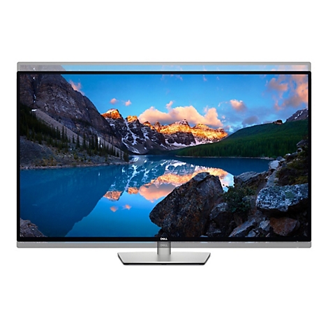 Ein silberner Dell-Monitor zeigt ein Landschaftsbild mit Bergen, See und Himmel.