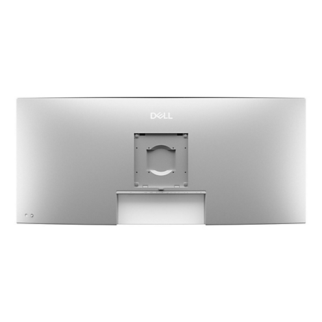 Rückseite eines silbernen Dell-Monitors. Unten befinden sich Anschlüsse, oben das Dell-Logo.