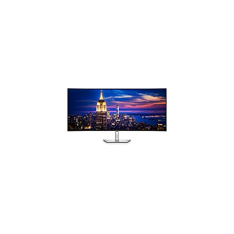 Ein Panorama-Monitor mit gebogenem Bildschirm zeigt eine nächtliche Skyline von New York City.