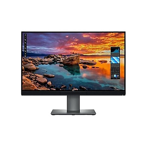 Ein Monitor, der ein farbenfrohes Seelandschaft-Bild anzeigt, mit Werkzeugleiste links und Bedienfeld rechts.