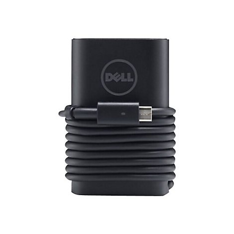 Schwarzes Dell LadegerÃ¤t mit gewickeltem Kabel, USB-C Anschluss.