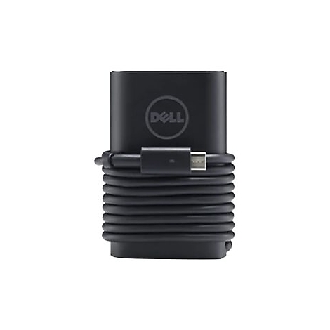 Schwarzes Dell-Laptop-Netzteil mit gewickeltem Kabel und USB-C-Stecker. Das Dell-Logo ist auf dem Netzteil sichtbar.