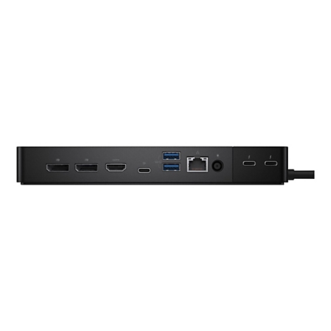 Station d'accueil noire avec diffÃ©rents ports. HDMI, USB, Ethernet et port d'alimentation sont visibles.