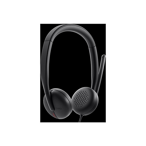 Casque Dell noir avec microphone sur fond noir. Le casque est photographié de face, le logo Dell est visible.