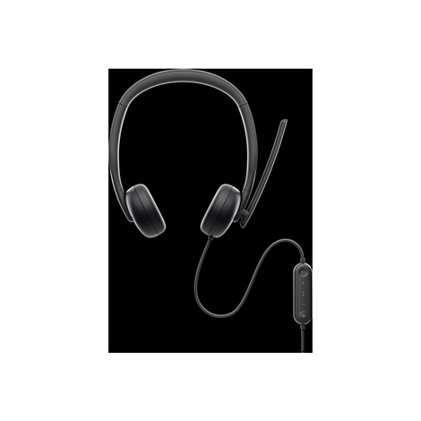 Schwarzes Headset mit Mikrofon und Kabel, an dem sich ein Bedienfeld mit Tasten befindet.