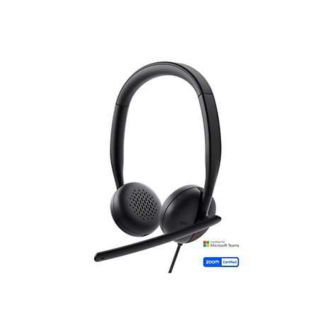 Ein schwarzes Headset mit Mikrofon auf weißem Hintergrund. Es hat das Dell-Logo und ist für Microsoft Teams und Zoom zertifiziert.