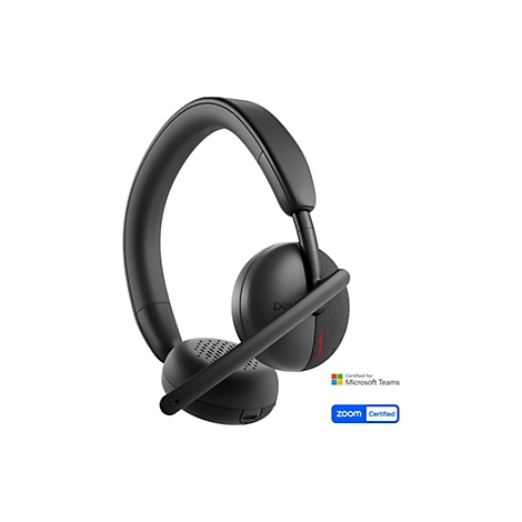 Casque noir avec microphone sur fond blanc. Logos pour Microsoft Teams et Zoom visibles.