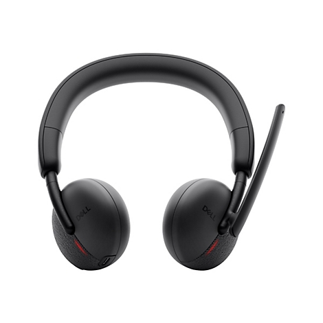 Schwarzes Dell-Headset mit Bügel, Ohrmuscheln und Mikrofon. Die Ohrmuscheln sind mit rotem Stoff verziert.