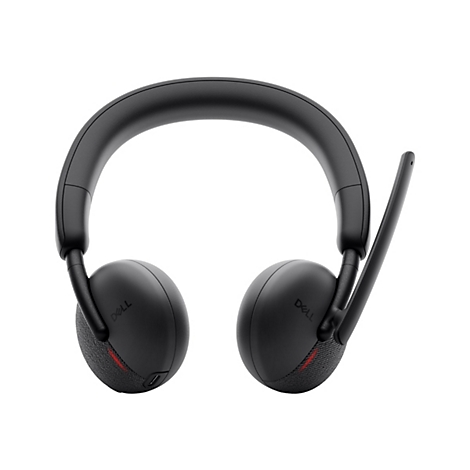 Casque Dell noir avec microphone et accent rouge. Les oreillettes sont recouvertes de textile. Le logo Dell est visible.