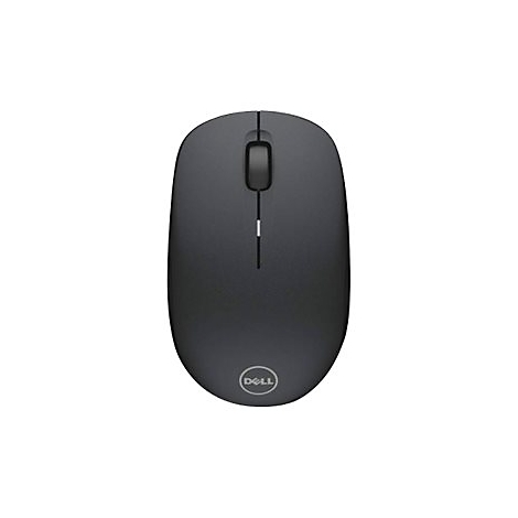 Vue de dessus d'une souris Dell gris foncé. La souris a une molette de défilement, deux boutons et un logo Dell en bas.