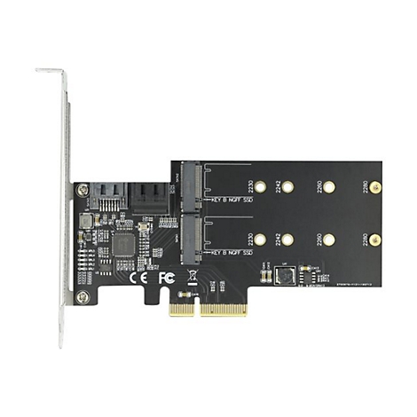 Schwarze PCIe-Erweiterungskarte für zwei M.2 SSDs mit Metallblende auf weißem Hintergrund.