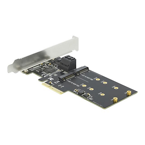 PCIe-Adapterkarte mit schwarzer Platine, silberner Blende und Anschlüssen für M.2 SSDs.