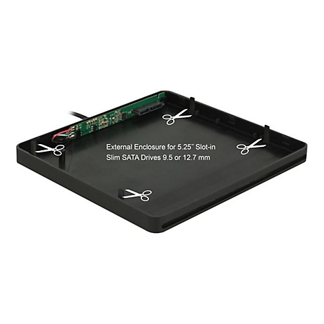Schwarzes Gehäuse für 5,25 Zoll SATA-Laufwerke mit vier Scherensymbolen und erklärendem Text.