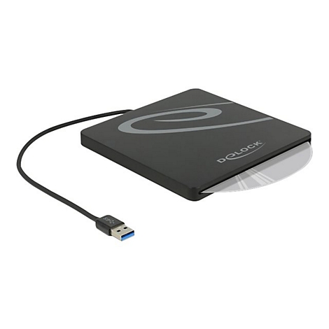 Schwarzes externes CD-DVD-Laufwerk von Delock mit USB-Kabel auf weißem Hintergrund.