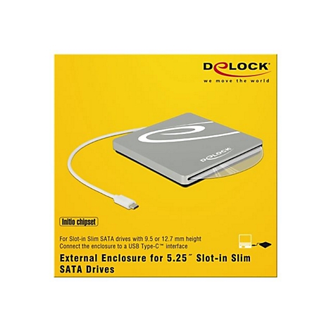 Externes Gehäuse für Slim SATA-Laufwerke mit USB Type-C Anschluss auf gelbem Hintergrund.