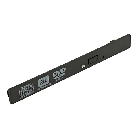 Schwarze Frontblende eines optischen DVD-Laufwerks mit Disc-Symbolen und Auswurftaste.