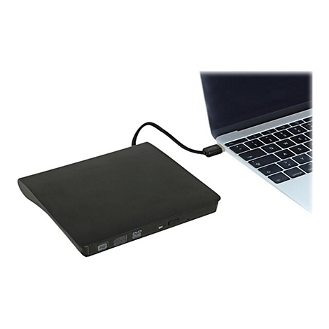 Ein schwarzes, externes DVD-Laufwerk ist per USB-Kabel mit einem silbernen Laptop verbunden.