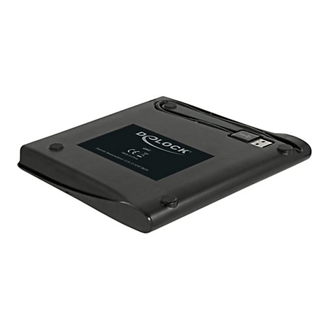 Schwarzes externes Laufwerk von unten gesehen, mit integriertem USB-Kabel und Typenschild.