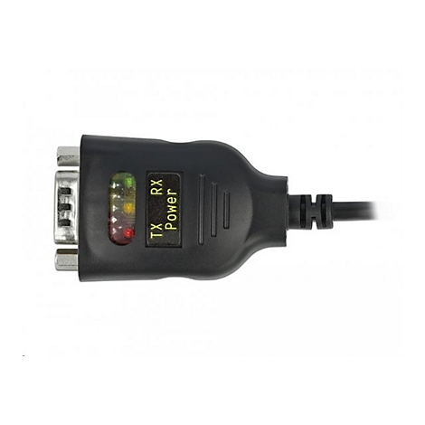 Schwarzer RS232-Adapter mit LED-Anzeigen für TX, RX und Power, isoliert auf weißem Hintergrund.