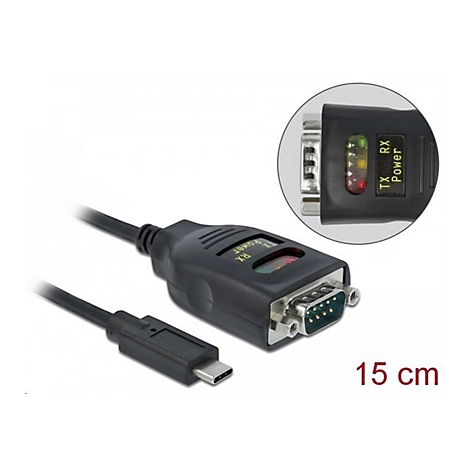 USB-C zu RS232 Adapterkabel mit Status-LEDs und 15 cm Länge.