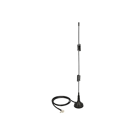 Schwarze Stabantenne mit Magnetfuß und Kabel vor weißem Hintergrund.