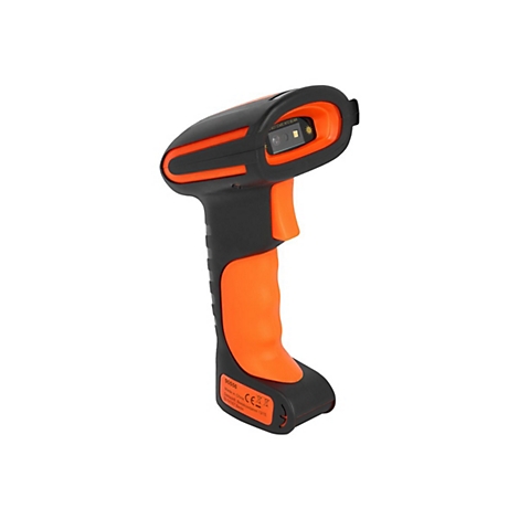 Handlicher Barcode-Scanner in Schwarz und Orange. Auf der Oberseite befindet sich ein kleines Fenster. Auf der Unterseite sind Produktinformationen aufgedruckt.